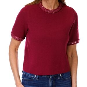 Fox Women's Short Sleeve Knit Top with Glitter Trim - White